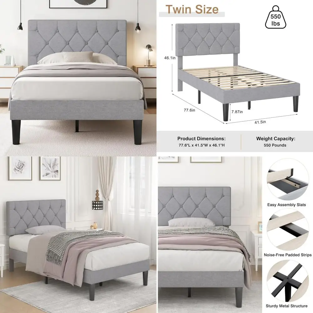 

Grey Upholstered Twin Bed Frame with Button Tufted Headboard, Wooden Slat Support, No Box Spring Needed