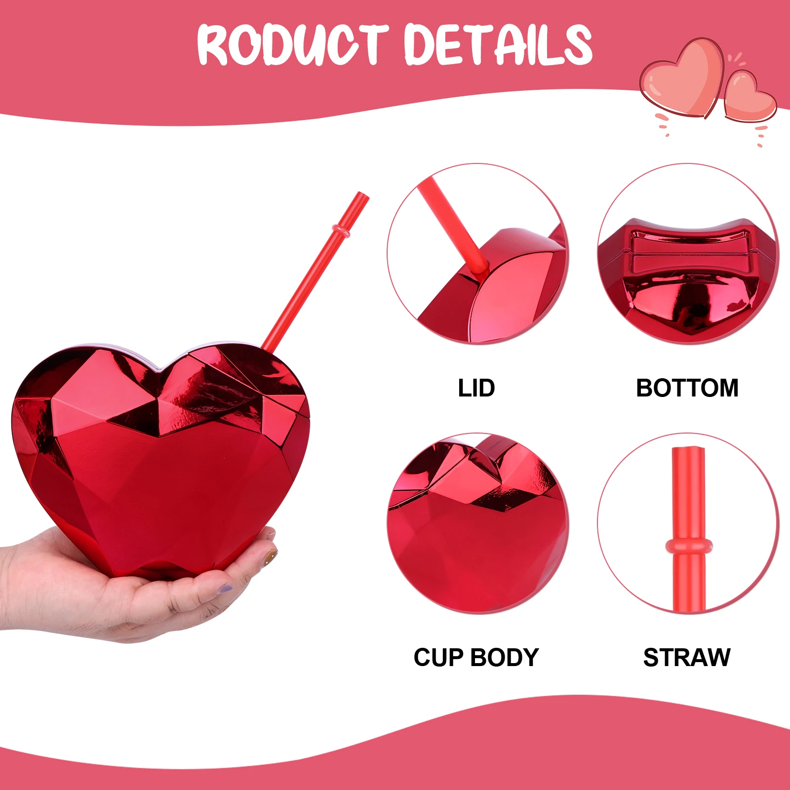 21 Oz Valentine's Day Plastic Heart Cup Disco Flash Cup Creative Drinking Cocktail Cu 6 Pack Heart Shaped Cup With Lid And Straw