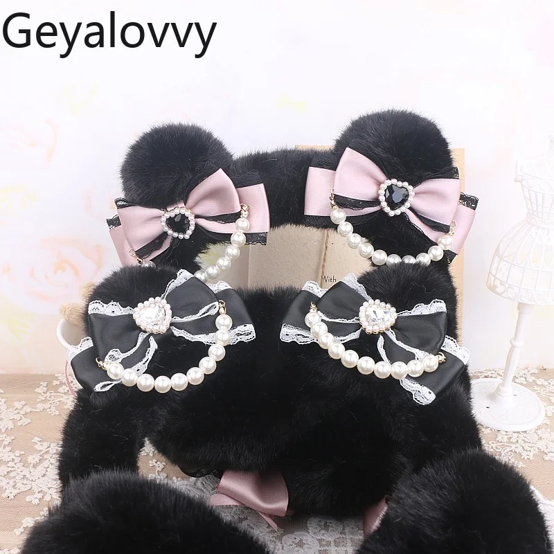 Японские оригинальные милые плюшевые наушники ручной работы с кружевным бантом и бисером, зимние универсальные теплые чехлы для ушей для девочек, защита