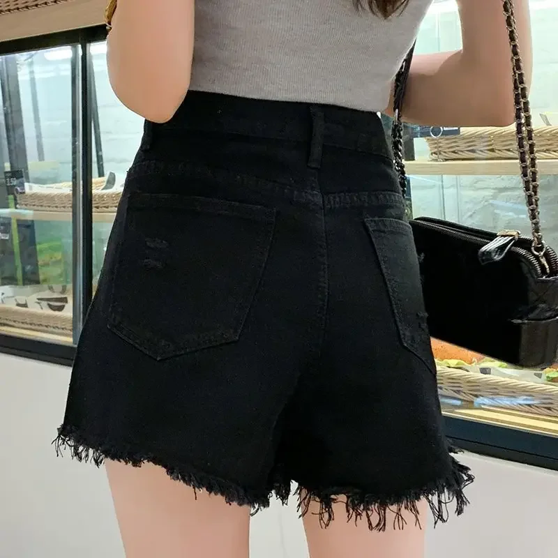 ショート丈ジーンズパンツ レディース ダメージ加工 ハイウエスト デニムショートパンツ ワイド ブラック ファッション ウェア 2024 クラシック 韓国スタイル 新作