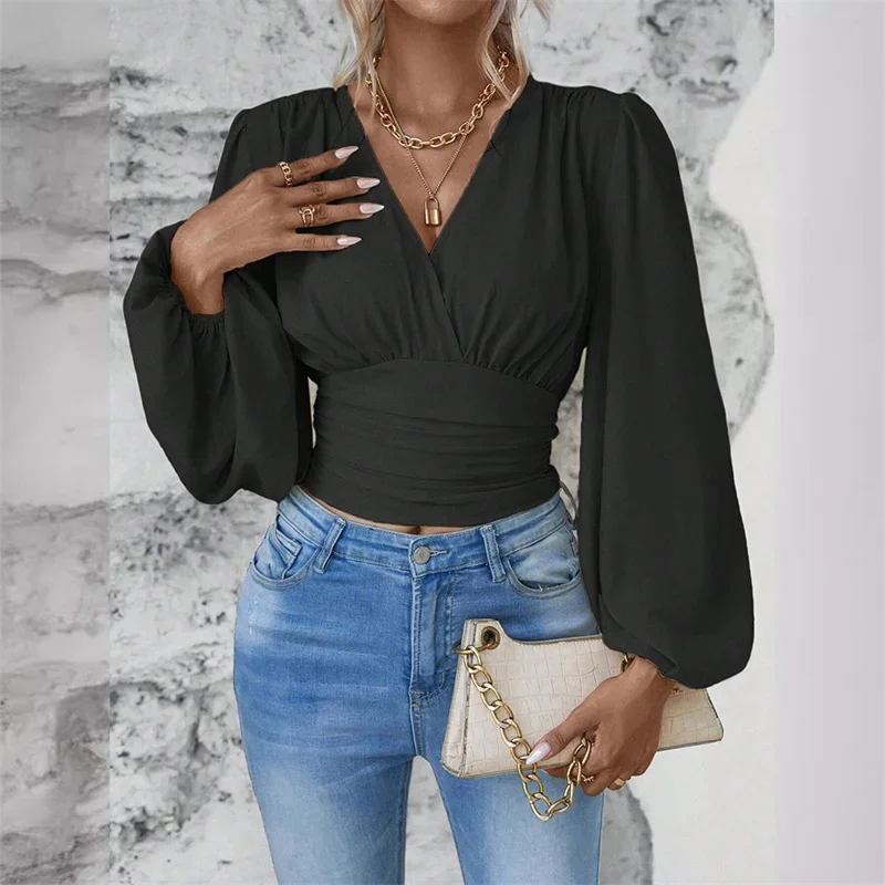 Spring Autumn Crossover Deep V Neck Pullover Shirt Women Skinny Waist Loose Long Sleeve Blouse Female Daily Commuter Casual Tops