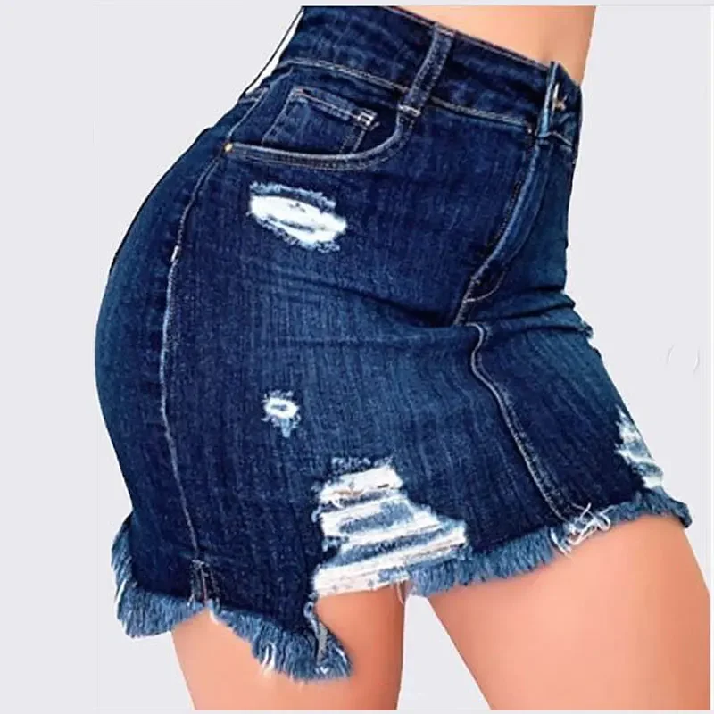 Plus Size Ripped Holes Bodycon Mini Denim Skirts 4XL 5XL Summer Sexy Ladies Tassel Short Pencil Skirts Wrap Jeans Skirt