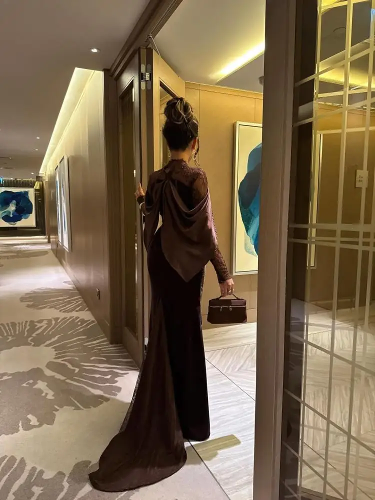 Jirocum luxo marrom renda sereia vestidos de noite com capa destacável, gola alta manga longa vestidos formais para gala casamento baile
