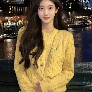 노란색 라운드 넥 케이블 니트 카디건 자켓 여성 봄 가을 새로운 스타일 자른 느슨한 맞는 긴 소매 스웨터