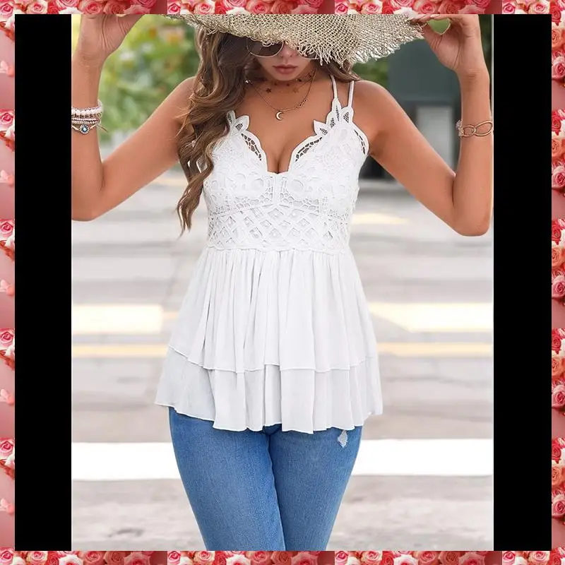 Canotte in pizzo per donna Camicie estive senza maniche con cinturino per spaghetti Babydoll Top Camicie senza maniche in chiffon