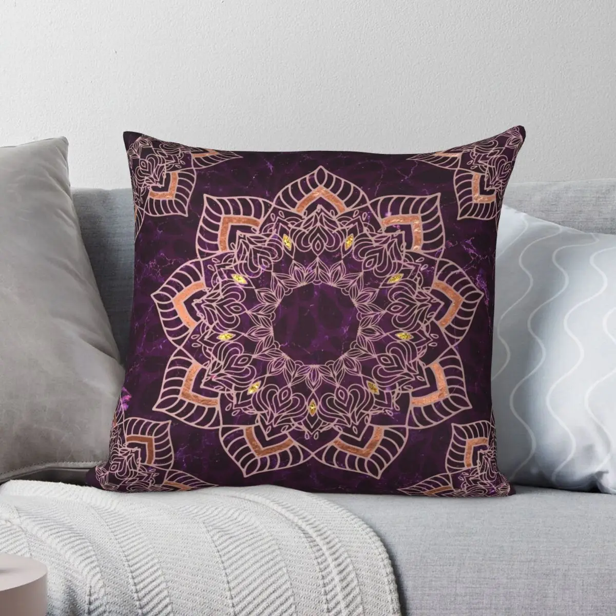 Purple And Rose Gold Mandala Pillowcase Polyester Linen Velvet Printed Zip Decor Sofa Cushion Cover 45x45