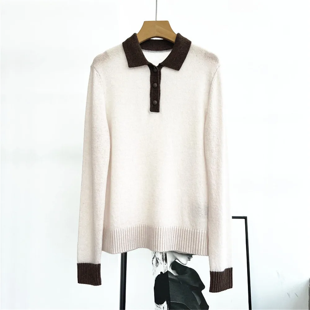 25 초가을 새로운 여성 폴로 칼라 세트 헤드 버튼 긴 소매 대비 느슨한 스트레이트 튜브 캐시미어 니트 탑