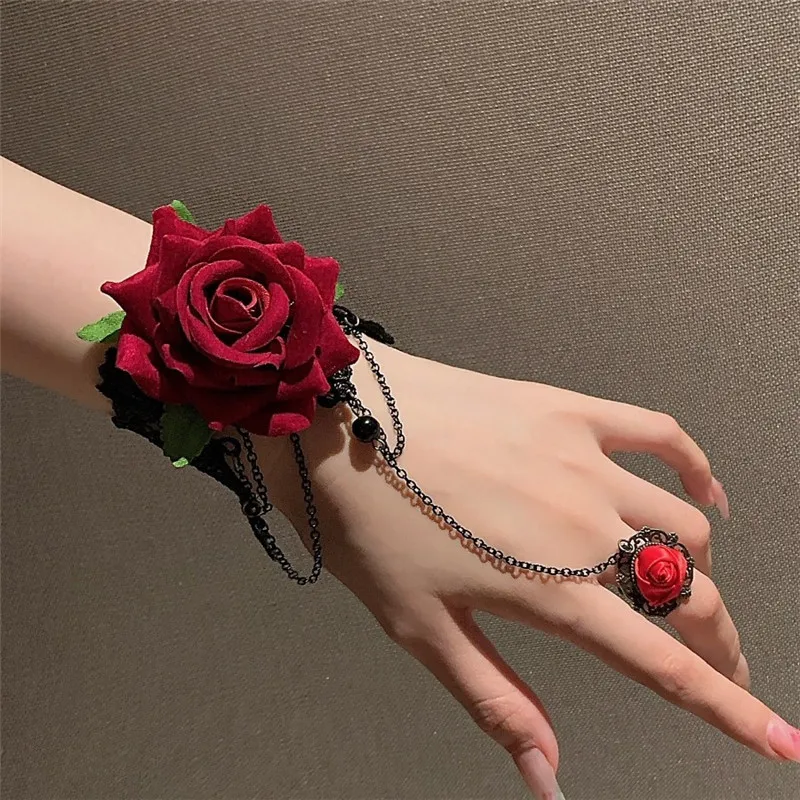 Party Jewelry Gothic Red Rose Flower Lace Bracelet Sexy Ring Integrated Bracelet Vintage Women Steampunk Halloween Jewelry Gift