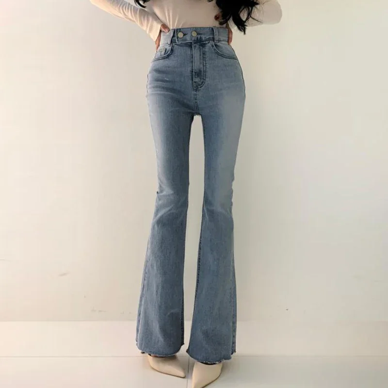 Double Button Wide Leg Jeans Women Light Blue High Waisted Flare Pants Lady Elastic Denim Streetwear Vintage Jean Mom Summer