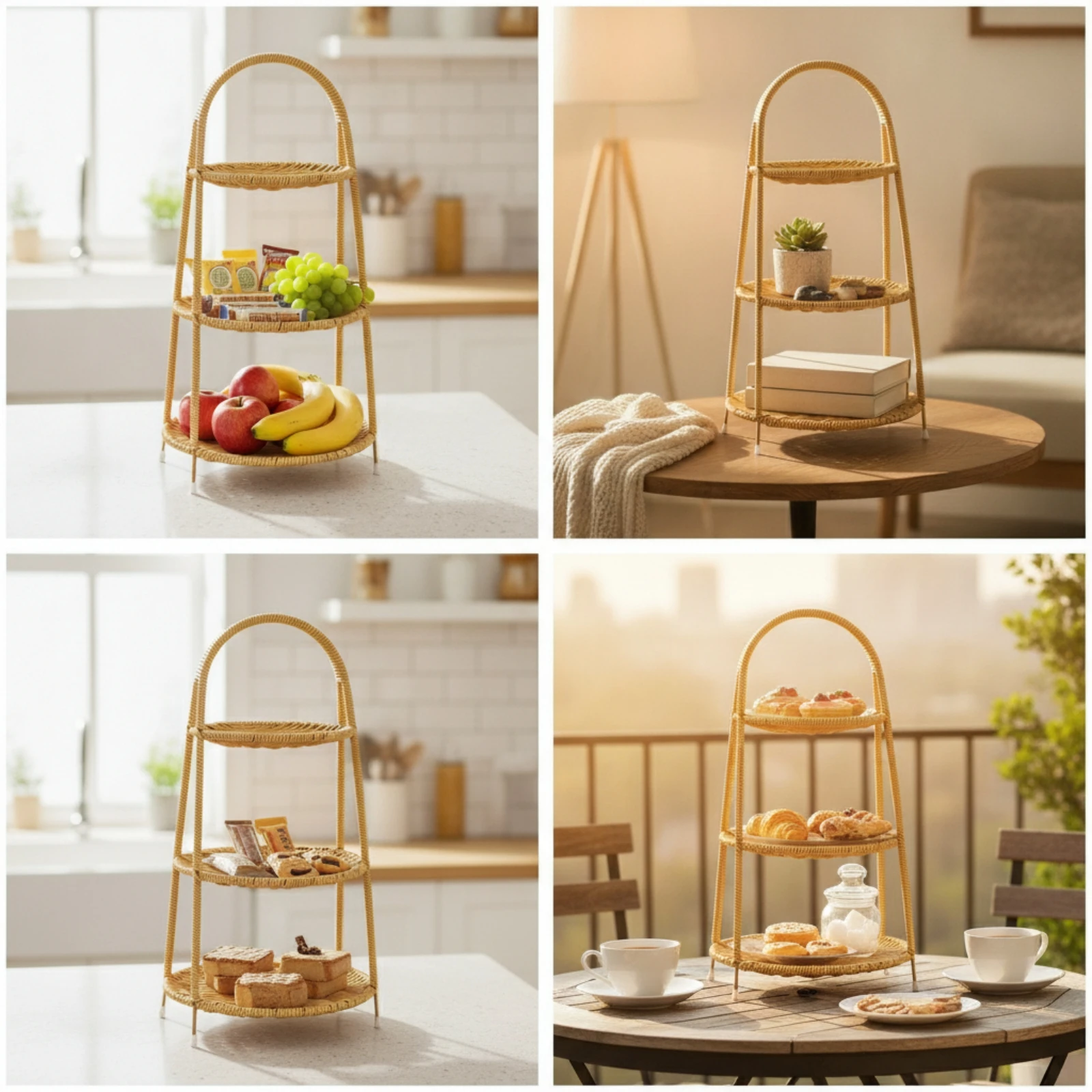 Woven Display Stand Wicker Rattan Style Stand Rattan Serving Tray Natural Boho for Hosts, Dessert Presentation, Tea Service