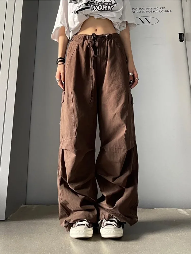 HOUZHOU-Calças Baggy Cargo Vintage Feminina, Moda Coreana, Streetwear de Harajuku, Oversize, Kpop, Calças Plissadas Casual, Bolsos, Y2k