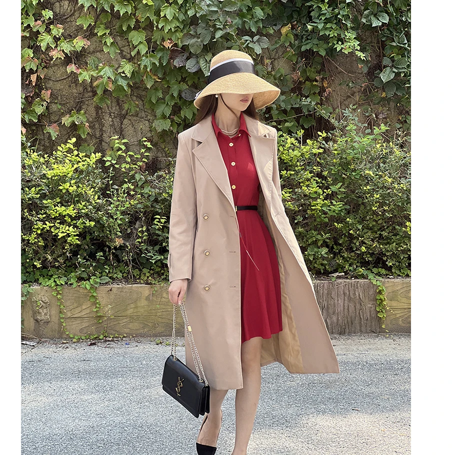 

Ele Mid-Length Women's Coat with Waist-Cinching Large Collar And Double-breasted Design in Classic Color