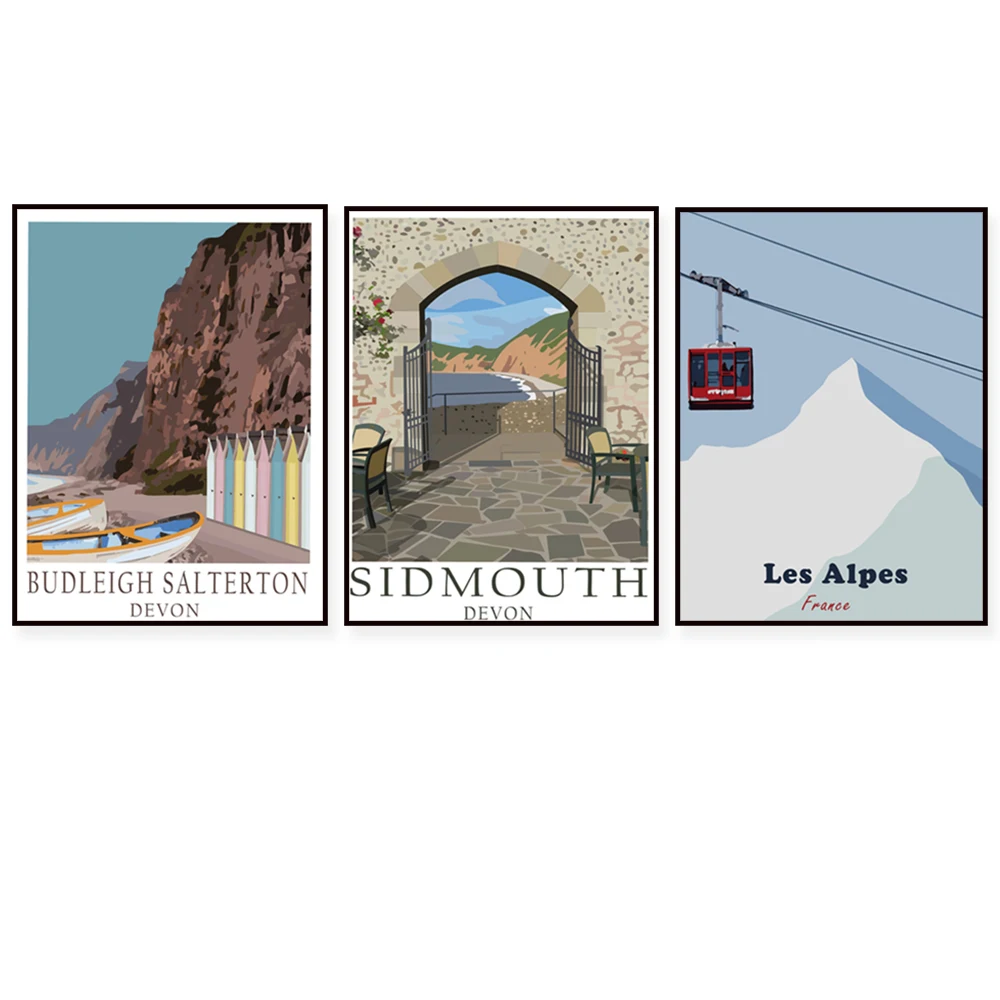 Plymouth Devon, Sidmouth East Devon, Budleigh Salterton East Devon seaside sandy beach, vintage ski print, travel poster