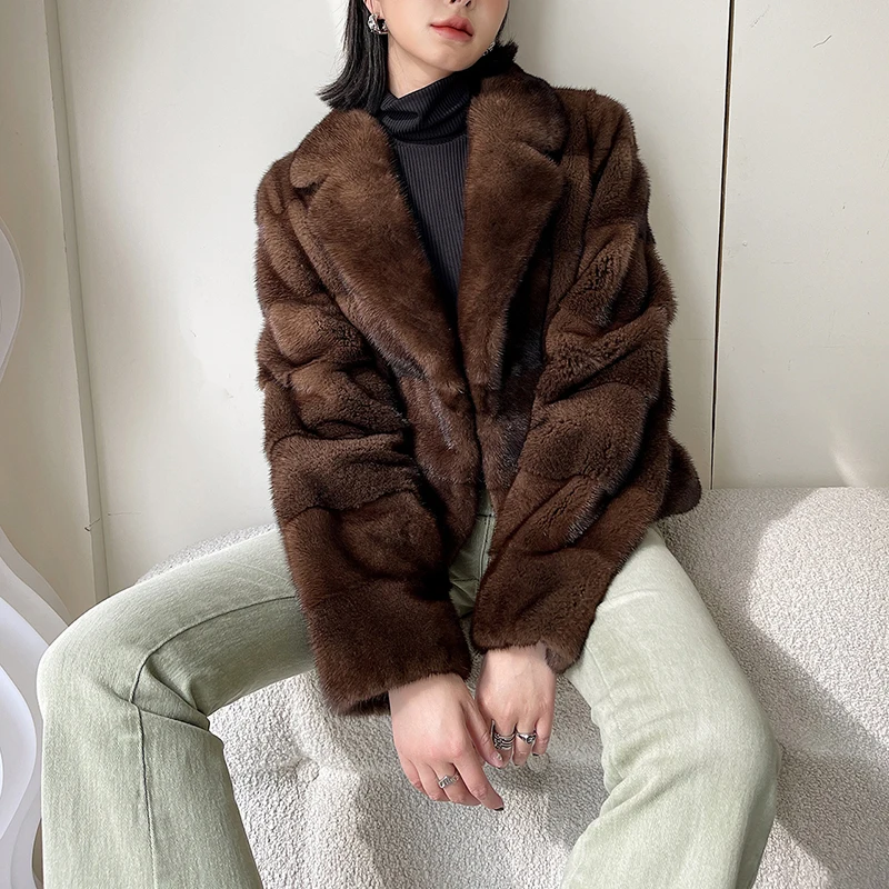 Luxury Coffee Mink Fur Coat for Women Imported Whole Piece Fur Horizontal Stripe Female Lapel Short Velvet Mink Jacket Fourrure