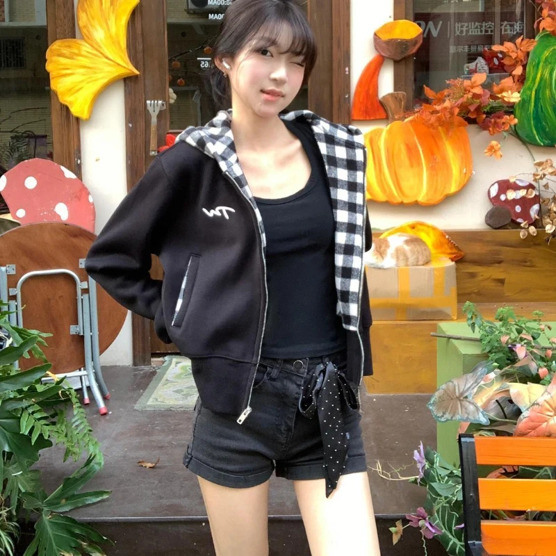

Lattice Hoodies Women Clothes Street Fashion Harajuku Splicing Sweatshirt Hoodie Woman Loose Casual Zip Up Hoodie Tops
