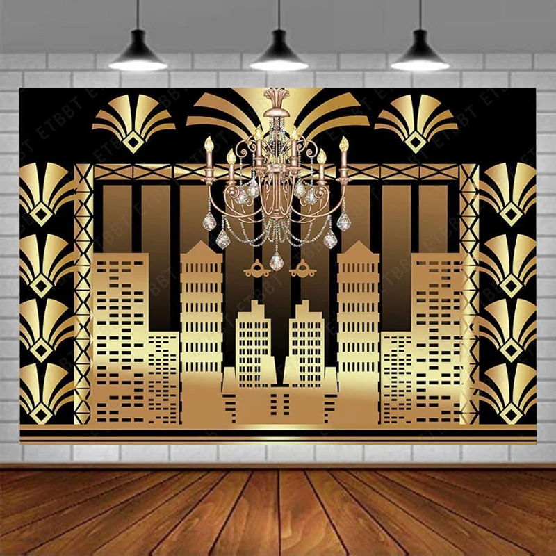 Great Gatsby Backdrop 1920s Retro Roaring Background European Luxury Golden Palace Crystal Chandelier Wedding Birthday Party