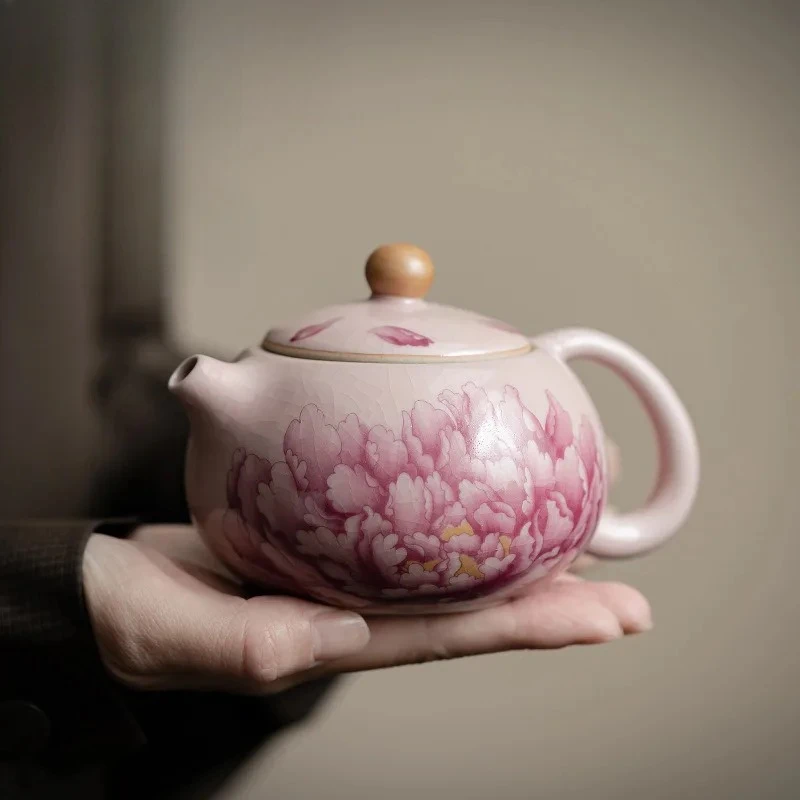 

180ml Antique Powder Ru Kiln Teapot Retro Peony Flower Xi Shi Pot Tea Maker Kettle With Ball Hole Filter Chinese Teaset Supplies