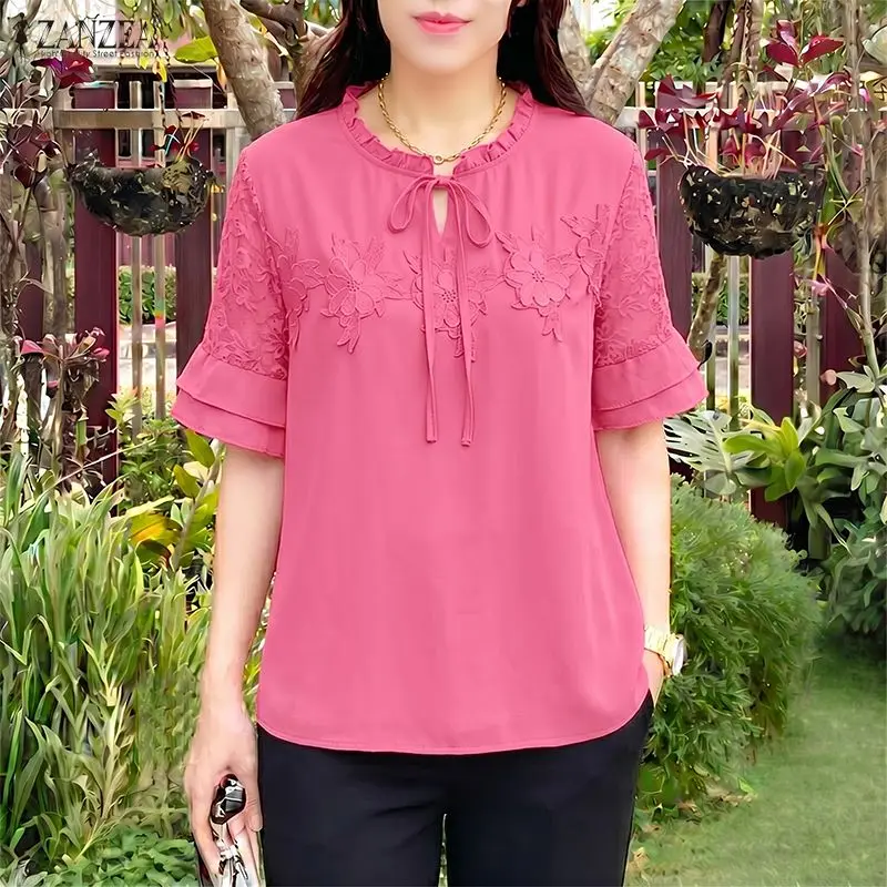 

2026 Summer Floral Patchwork Blouse ZANZEA Women Tops Trend O Neck Short Sleeve Holiday Blusas Mujer Femme Elegant Work Shirt