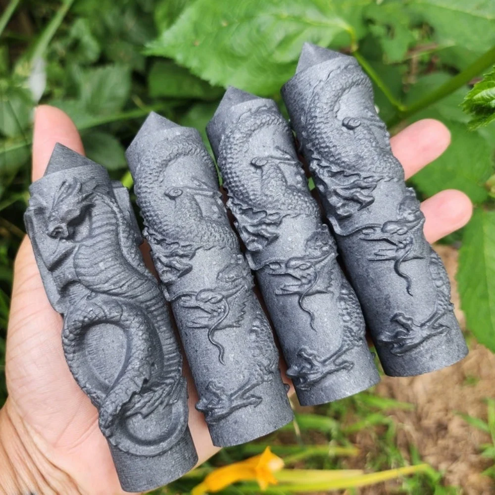 3.94-4.72inch Natural Black Shungite Tower Point Wand Dragon Minerals Shungite Tower With Dragon Carving Home Decoration
