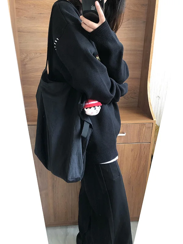 Retro American round Ne Sweater Women's Loose Lazy Sle Bla Overhead Fun Top Thiened Polyester Fiber Long Sve