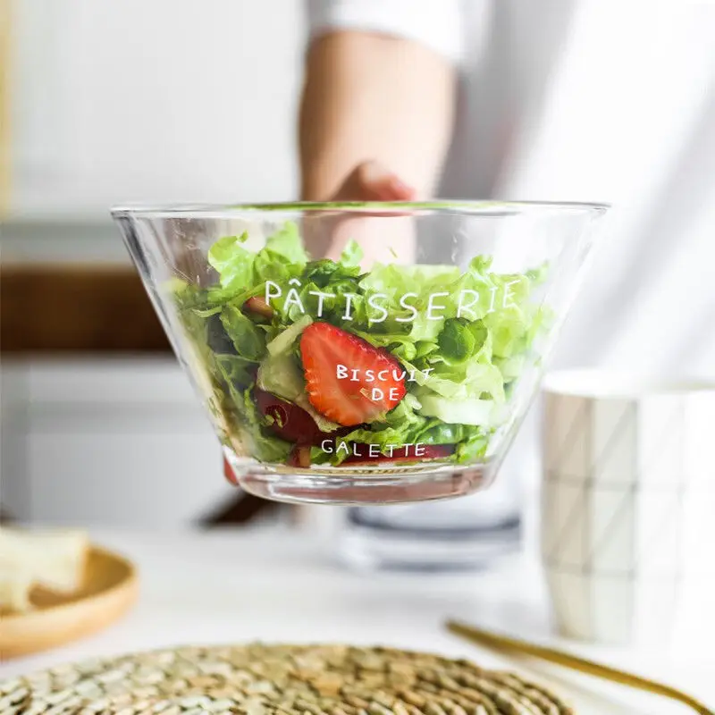 

1pcs Salad Bowl Japanese Style French Transparent Fruit Dessert Salad Simple Round Glass Bowl Tableware Kitchen Supplies