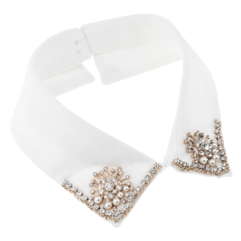 Detachable Faux Chiffon Collar Pearl Embellished Semi Formal Half Shirt Blouse for Sweater Jacket Uniform