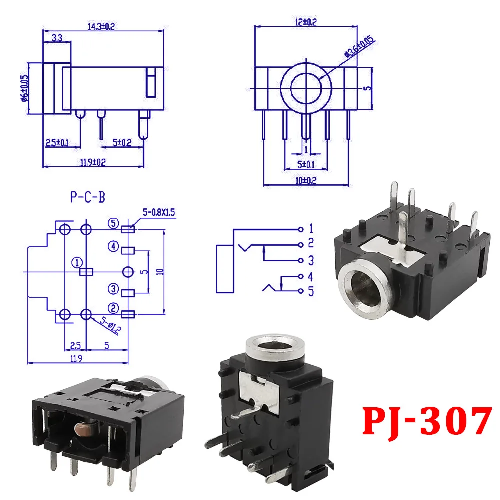 10Pcs PJ-307 3.5mm Stereo Audio Jack Socket Connector 5P/8P/11Pin 3.5mm Dual Channel Audio Headphone Jack Connector With Switch