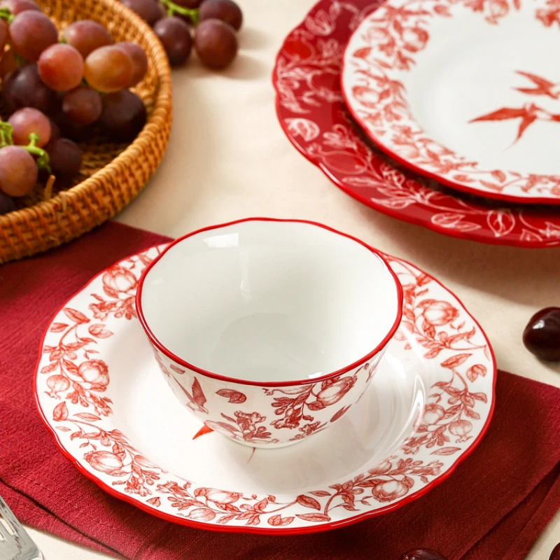 Chinese High-end Red Tableware Bowls and Plates Household Ceramic Bowls and Plates Gift Restaurant Kitchen Tableware Set