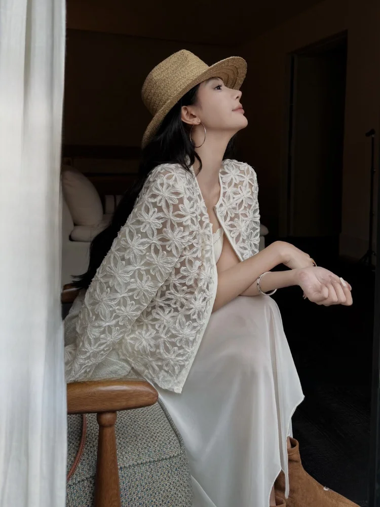 

New Dadada Loose Women's Knitted Hollow out White Outerwear Casual Long Sve Zipper round Ne Open Cardigan French Sle