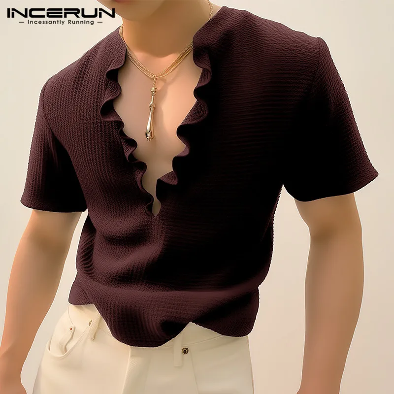 Men T Shirt Solid Color Ruffle V Neck Short Sleeve Casual Men Clothing Streetwear 2024 Summer Korean Male Tee Tops S-5XL INCERUN