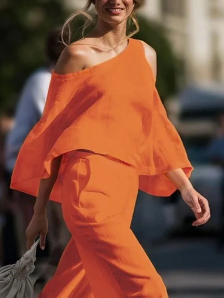 Gymystars – ensemble deux pièces en lin pour femmes, asymétrique épaule dénudée, pantalon à la mode, costume de sport décontracté, T-shirts amples et pantalons à jambes larges
