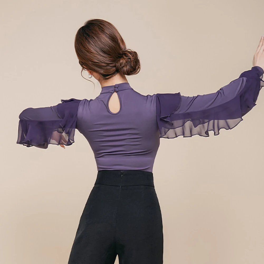 Top elegante vals salón de baile púrpura manga larga vestido de baile de cuello alto para mujer GB Dance blusa de vals con volantes negro