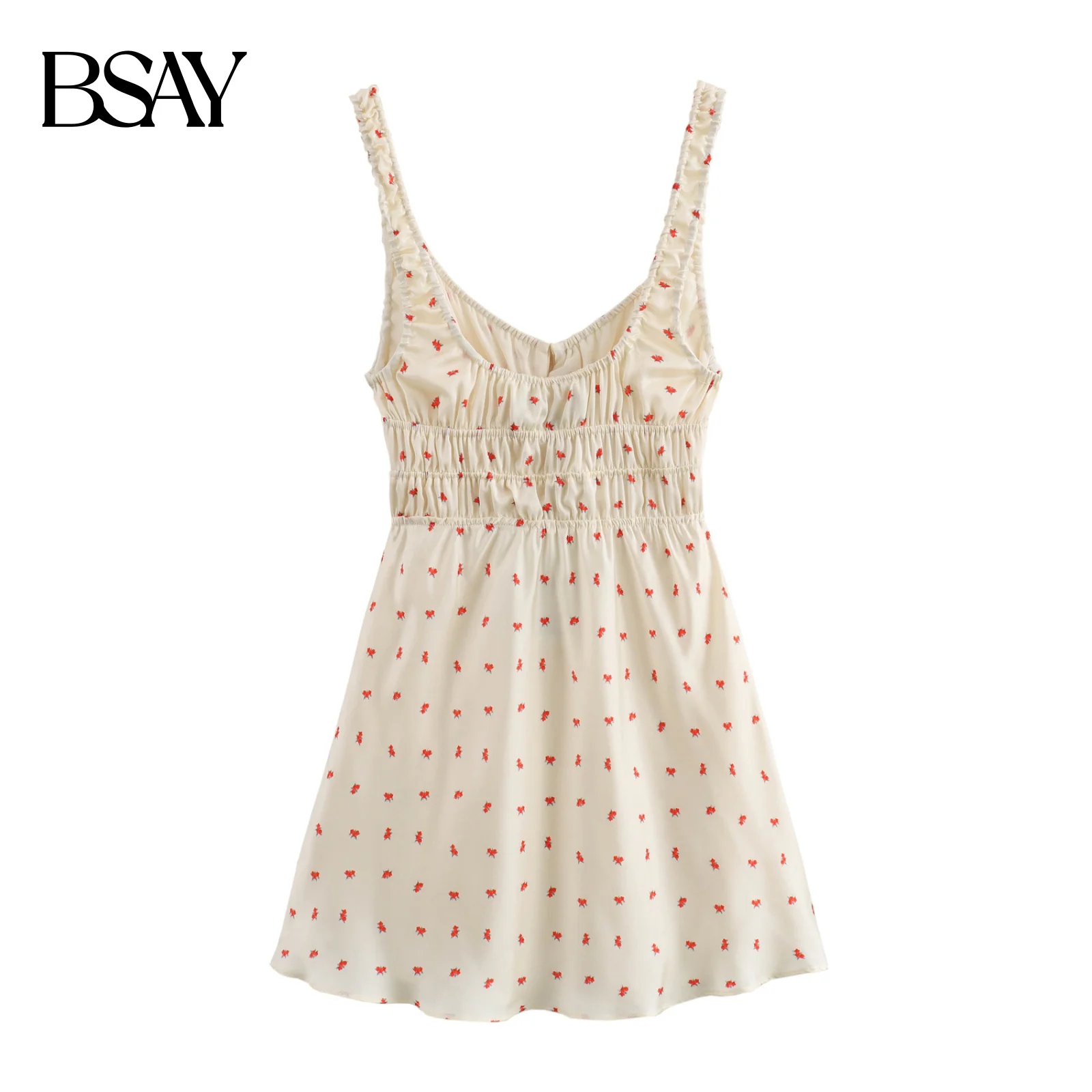 BSAY 女性ファッション夏セクシーなフラワープリントノースリーブバックレススリング V ネックサテンドレスシックな女性フレンチエレガンスイブニング