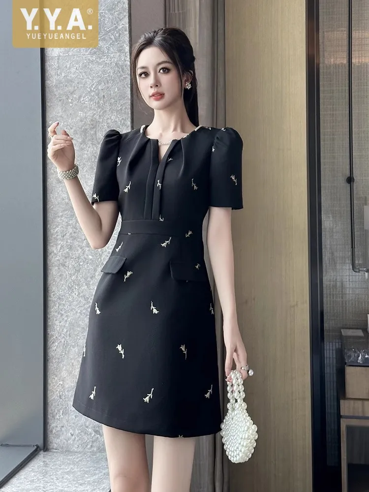

Hot Sale Young Lady Fashion Embroidered Dresses Slim Fit Round Neck Puff Sleeved High Waist A-Line Above Knee Length Dress 2025