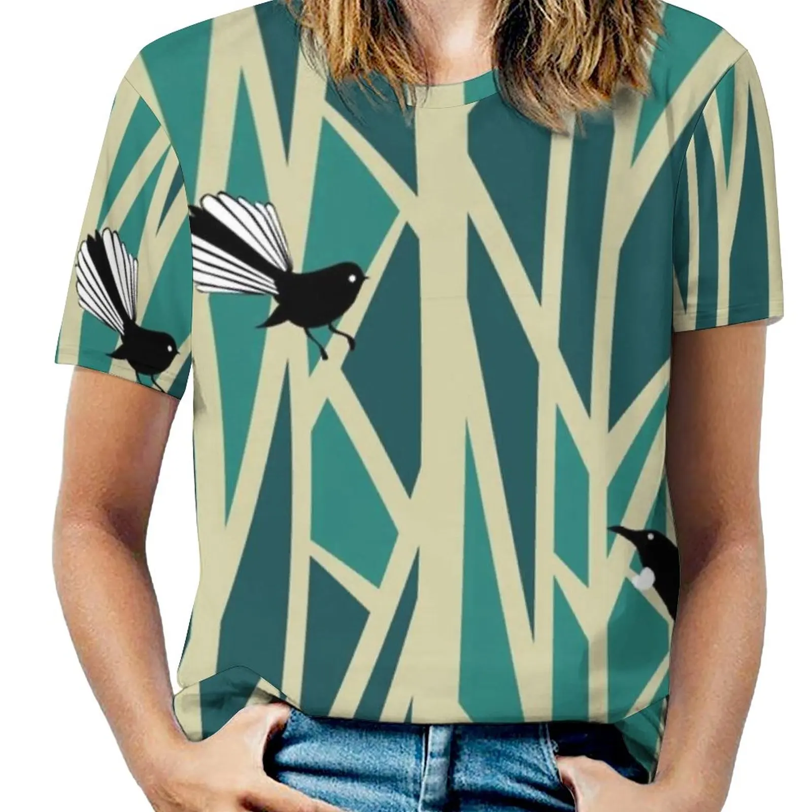 Tui And Fantail On Trees Women T-Shirt Crewneck Casual Short Sleeve Tops Summer Tees Birds Graphic Pattern New Zealand Nz Kiwi