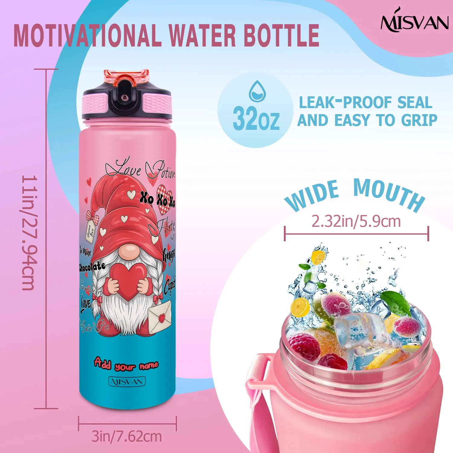 1개, 하트 봉투 발렌타인 디자인의 사랑의 노움, 32온스 그라데이션 물병-누수 방지, HD 비탈락 패턴, 완벽한 선택