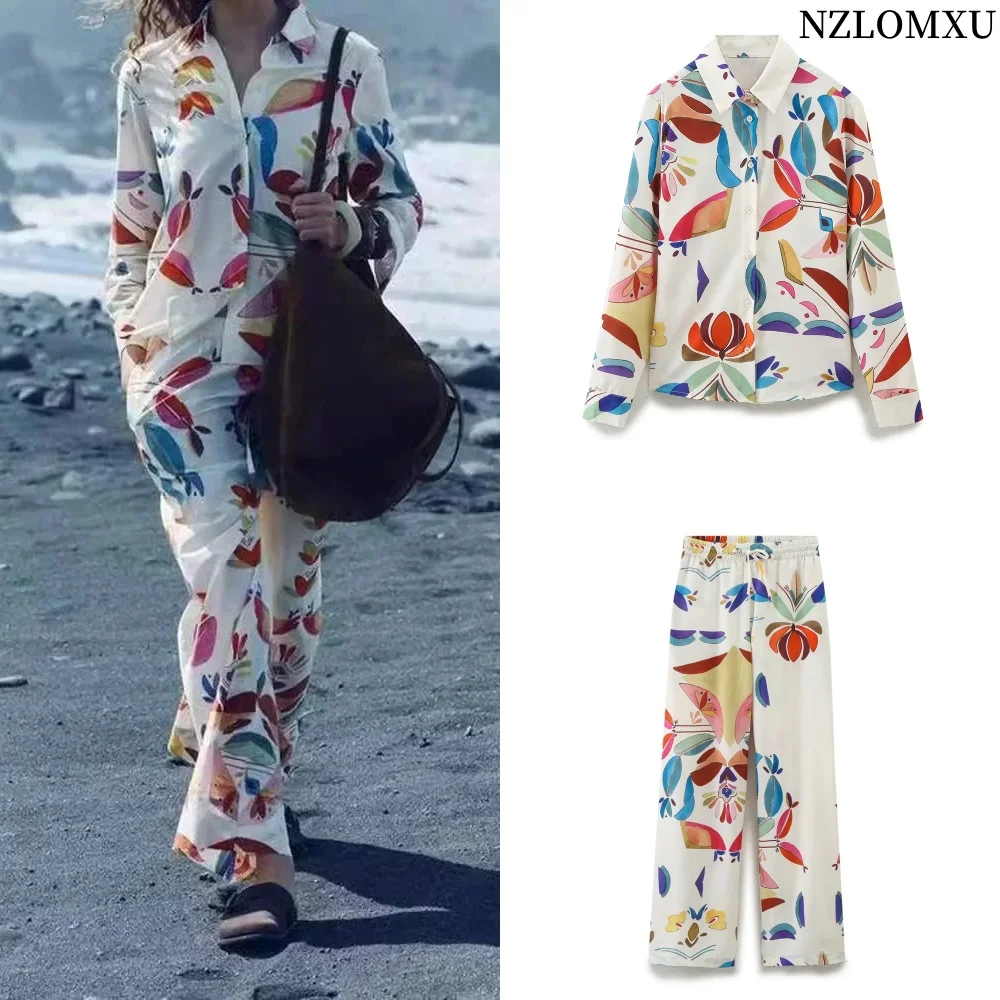 Fashion Floral Printing Long Pant Set Women Lapel Long Sleeve Blouse Straight Trouser Suits 2024 Summer Lady Chic 2 Pieces Sets