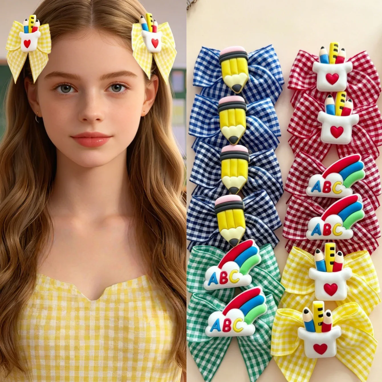 2PCS Back To School Blue Plaid Pencil Bow Hair Clips Sweet Preppy Girls Bow Barrettes Fresh Daily Student Hair Decor