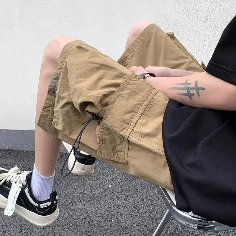 

Мешковатые короткие брюки с карманами и эластичной резинкой на талии для мужчин, однотонные мужские шорты-карго с широкими шнурками, свободные Y2k, новинка в нейлоновой одежде