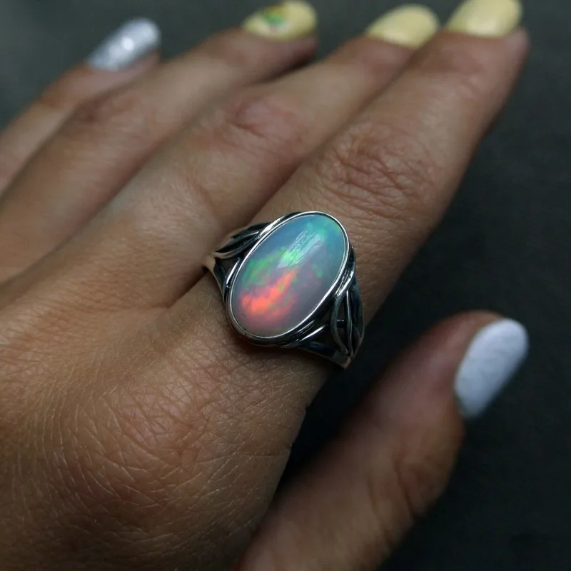 Exaggerated Ring Inlaid Large Egg Shape Opal Sunset On The Beach Color Perfect Decor For Cocktail Party Use It To Be The