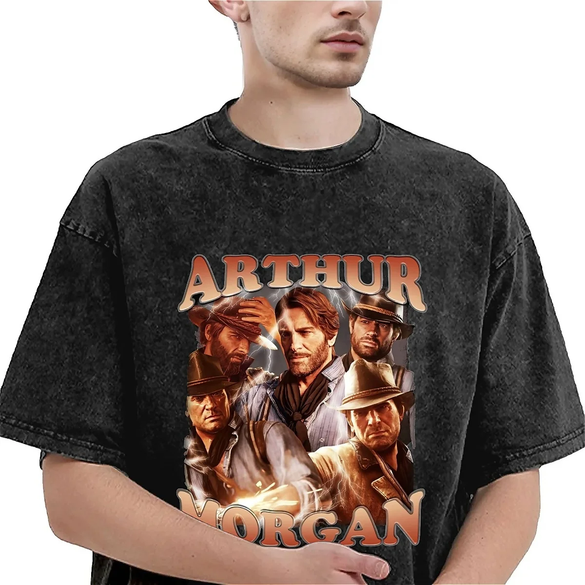 Funny Arthur Morgan Bootleg Washed T-Shirt Men Cowboy Vintage Loose T-Shirts Summer O Neck Fashion Tees Print Big Size Tops