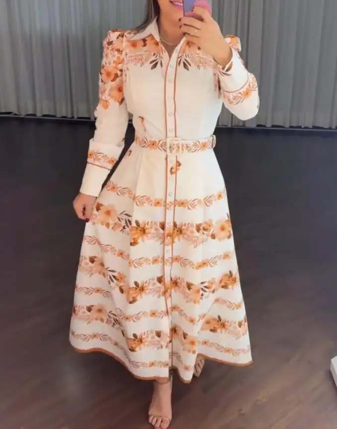 レディースワンピース　新作　花柄プリント　ターン ダウンカラー　パフスリーブ　バケーションワンピース　カジュアル　ボタンダウンシャツワンピース　ベルトと裏地付き