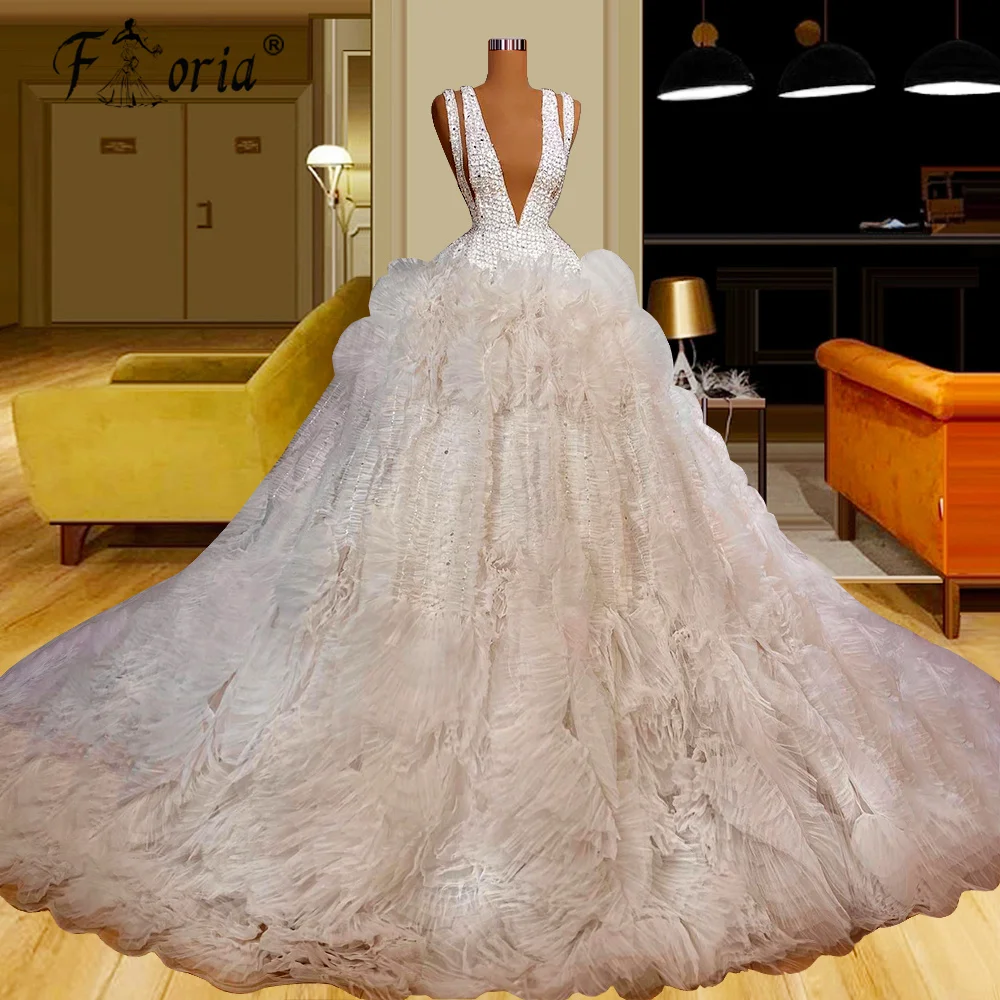 

Couture Haute 2023 Bespoke Wedding Dresses Luxury Tulle Beadings Ruffles V Neck Dubai Bridal Gowns Custom Made Vestidos De Noiva