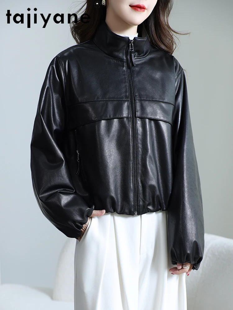 TAJIYANE سترة جلد الغنم الحقيقية الطبقة العليا امرأة فضفاضة عادية سترة جلدية حقيقية معطف الخريف القصير 2025 ملابس حريمي كورت