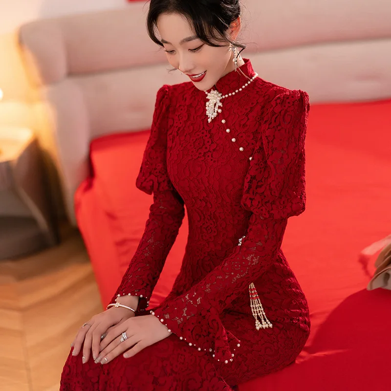 Bride Vintage Marriage Slim Qipao Chinese Style Mermaid Cheongsam Wedding Dress Toast Clothing Vestido