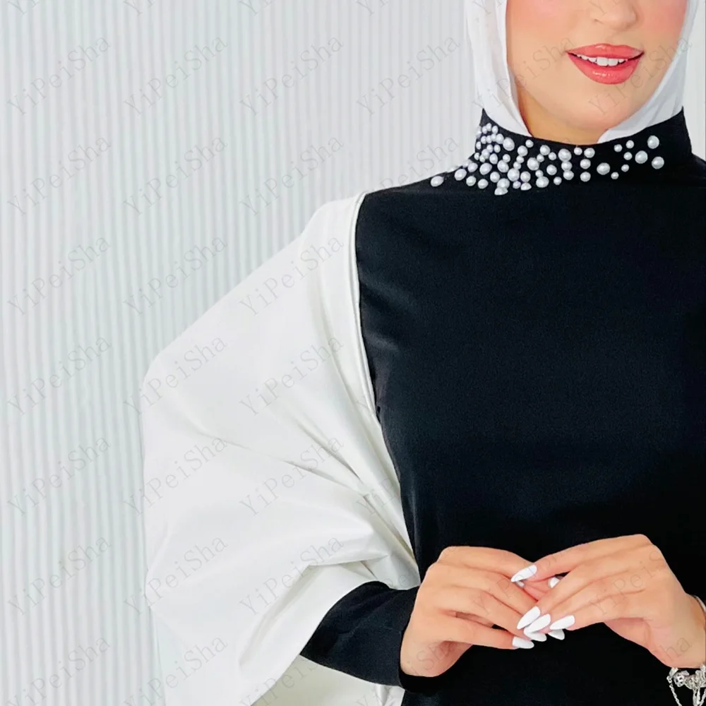 Maßgeschneiderte gerade Meerjungfrau-Abschlussballkleider, bodenlang, Stehkragen, volle Ärmel, Abendkleid, modisches, mit Perlen verziertes, drapiertes Partykleid