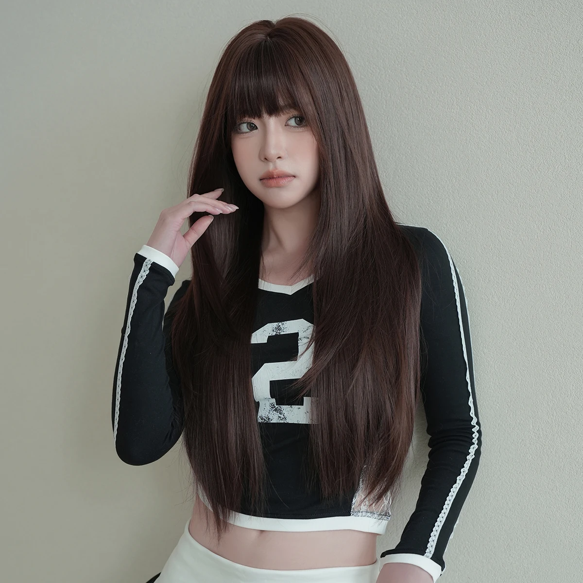 7JHH WIGS Long Straight Layered Mocha Brown Wig for Women Synthetic Modest Fashion Wear and Go Dark Brown Wigs with Neat Bangs