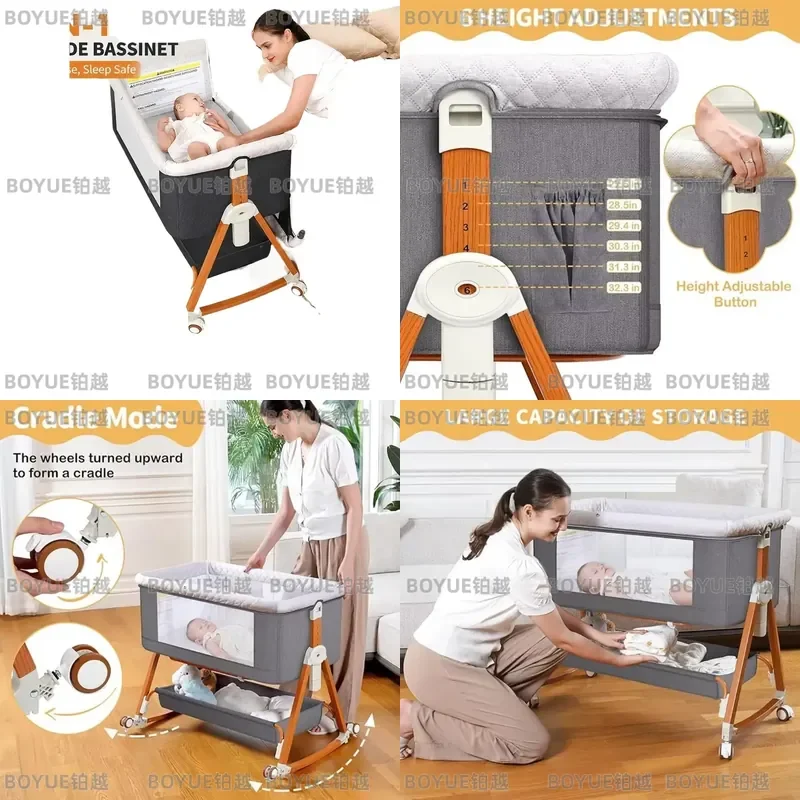 Baby Bassinet Portable Bedside Bassinet for Baby 3 in 1 Foldable Crib Travel Baby Crib Rocking 6 Adjustable Height with