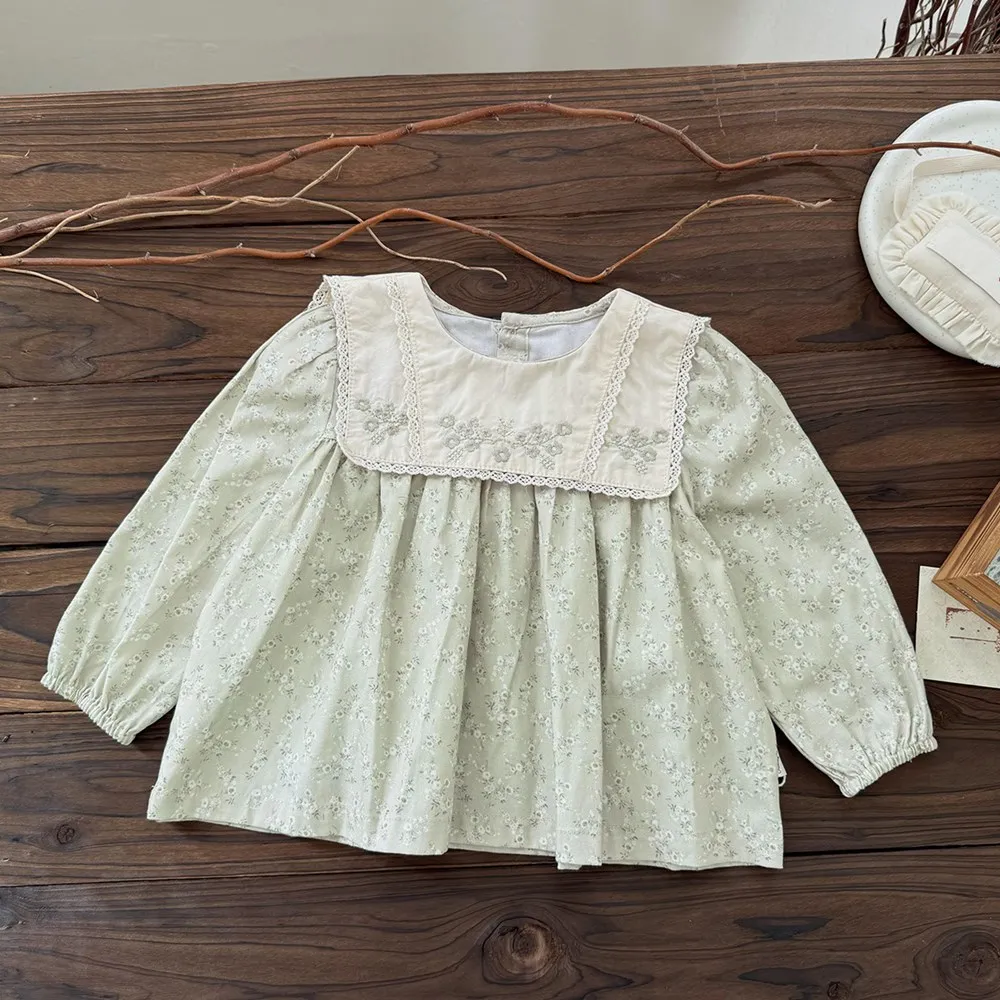 تي شيرت خريفي بأكمام طويلة مطبوع للأطفال البنات ملابس أطفال بياقة كبيرة وأوراق خضراء مطرزة للفتيات