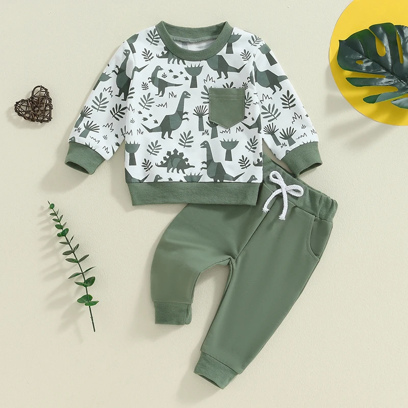 2024-05-30 Lioraitiin Kids Boys 2-piece Outfit, Long Sleeve Dinosaur Print Sweatshirt with Elastic Waist Sweatpants Fall Outfit